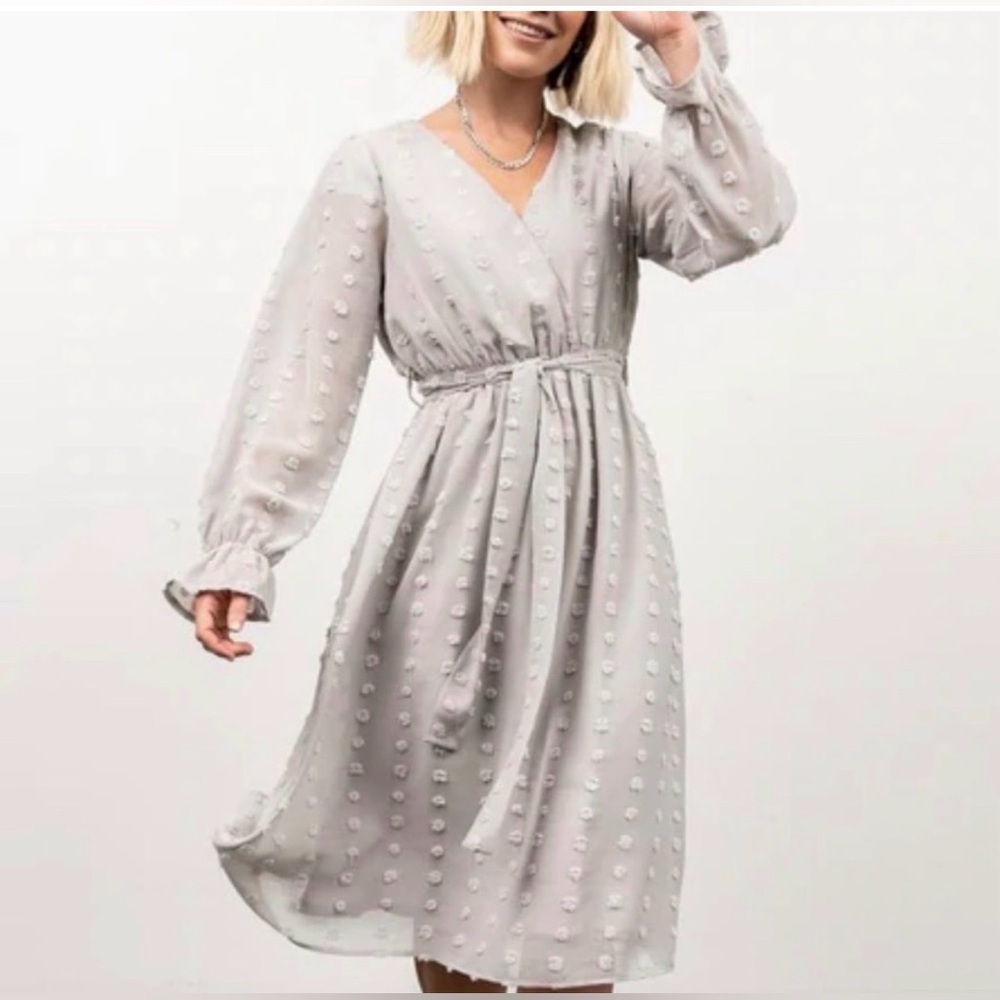 Baltic Born Grey Swiss Dot Midi Wrap Dress Size Small